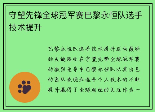 守望先锋全球冠军赛巴黎永恒队选手技术提升